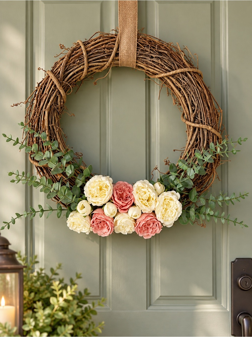 Grapevine Wreath Blush Ivory Flowers Eucalyptus Rustic Farmhouse Door Decor